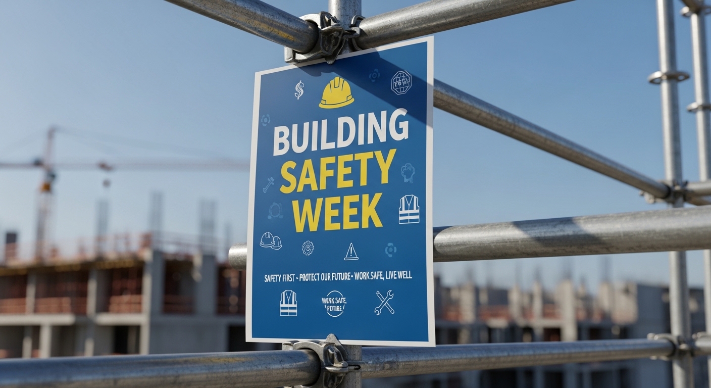 Building Safety Week Signage on Construction Scaffolding, Worker Protection and Site Guidelines - Feature Image May 174