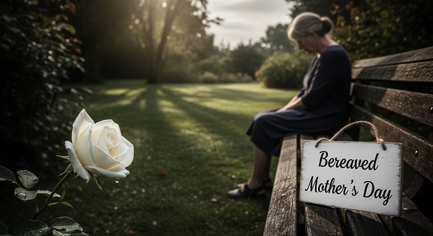 Bereaved Mother's Day: Woman on bench with white rose and sign - Feature Image May 177