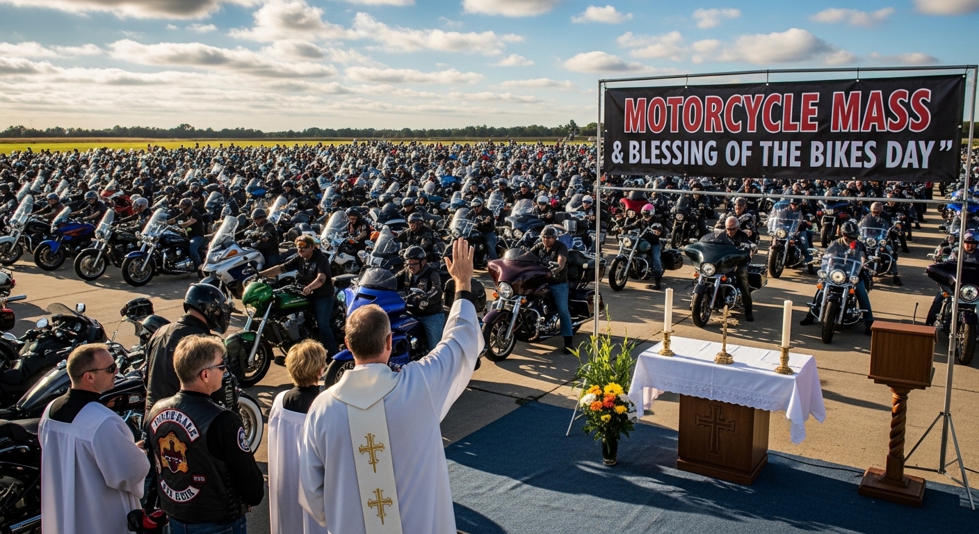 Outdoor Motorcycle Blessing Ceremony: Priest Addressing Mass of Bikers and Their Motorcycles under Blue Sky - Feature Image May 185