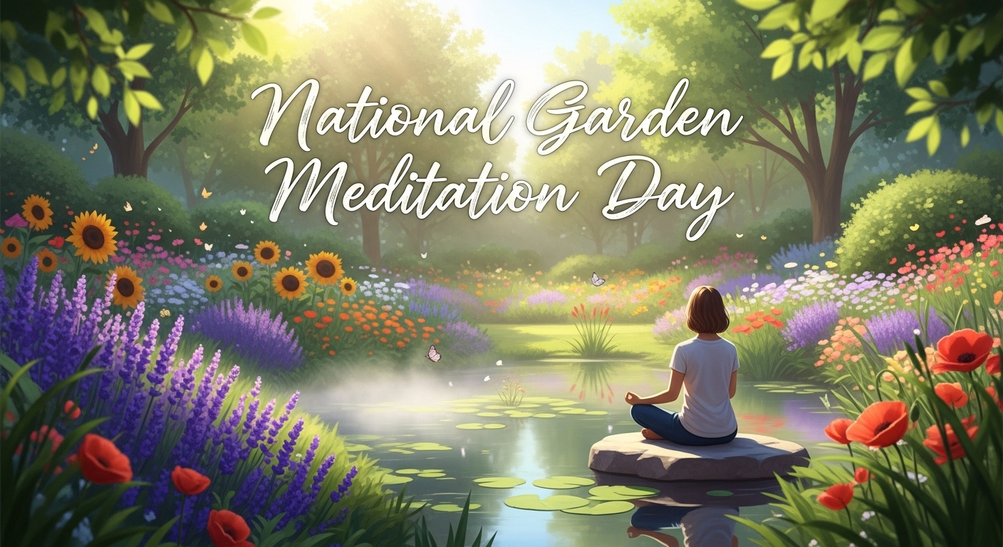 Serene Garden Meditation Day: Woman Reflecting by Pond Amidst Lush Flowers and Nature - Feature Image May 187