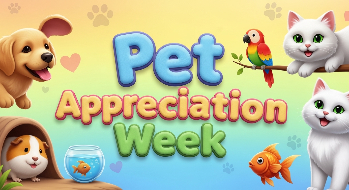 Pet Appreciation Week Celebration with Diverse Cartoon Animals on a Cheerful Gradient Background - Feature Image May 203