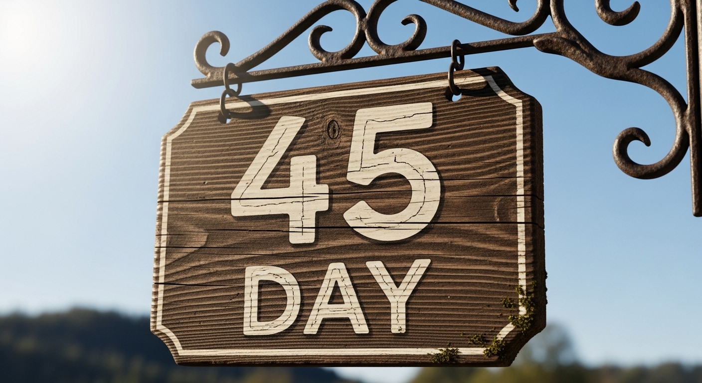 Rustic Wooden Sign with '45 DAY' Text Against Blue Sky, Concept of Duration or Deadline - Feature Image May 204