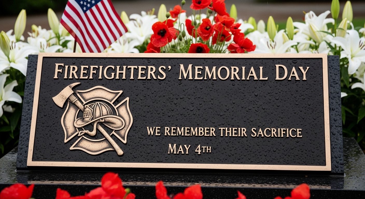 Firefighters Memorial Day Plaque with American Flag and Flowers. Remembering Heroic Sacrifice. - Feature Image May 207