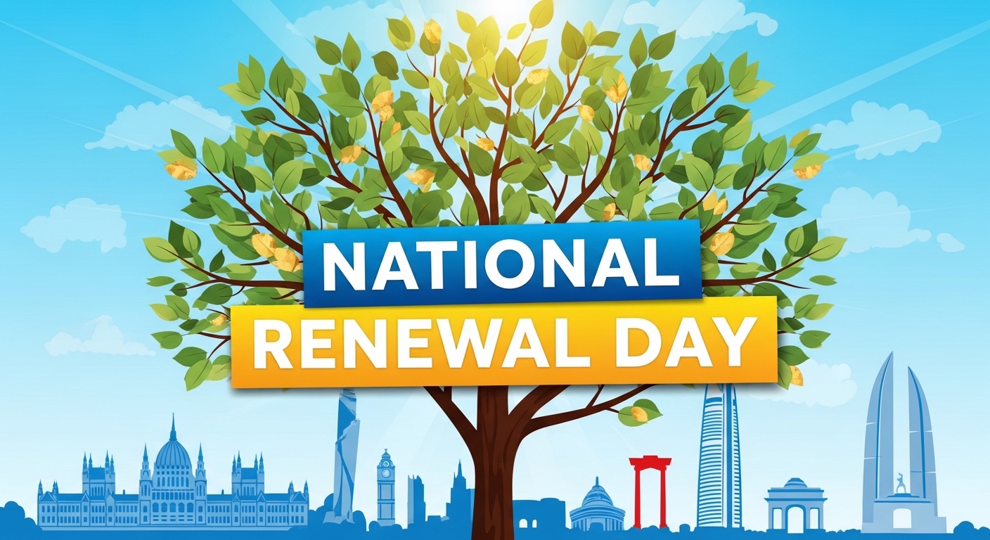National Renewal Day Celebration Graphic with Green Tree and Global Cityscape - Feature Image May 219