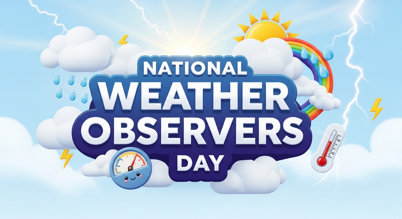 National Weather Observers Day Greeting with Cartoon Weather Icons and Bright Sky - Feature Image May 220