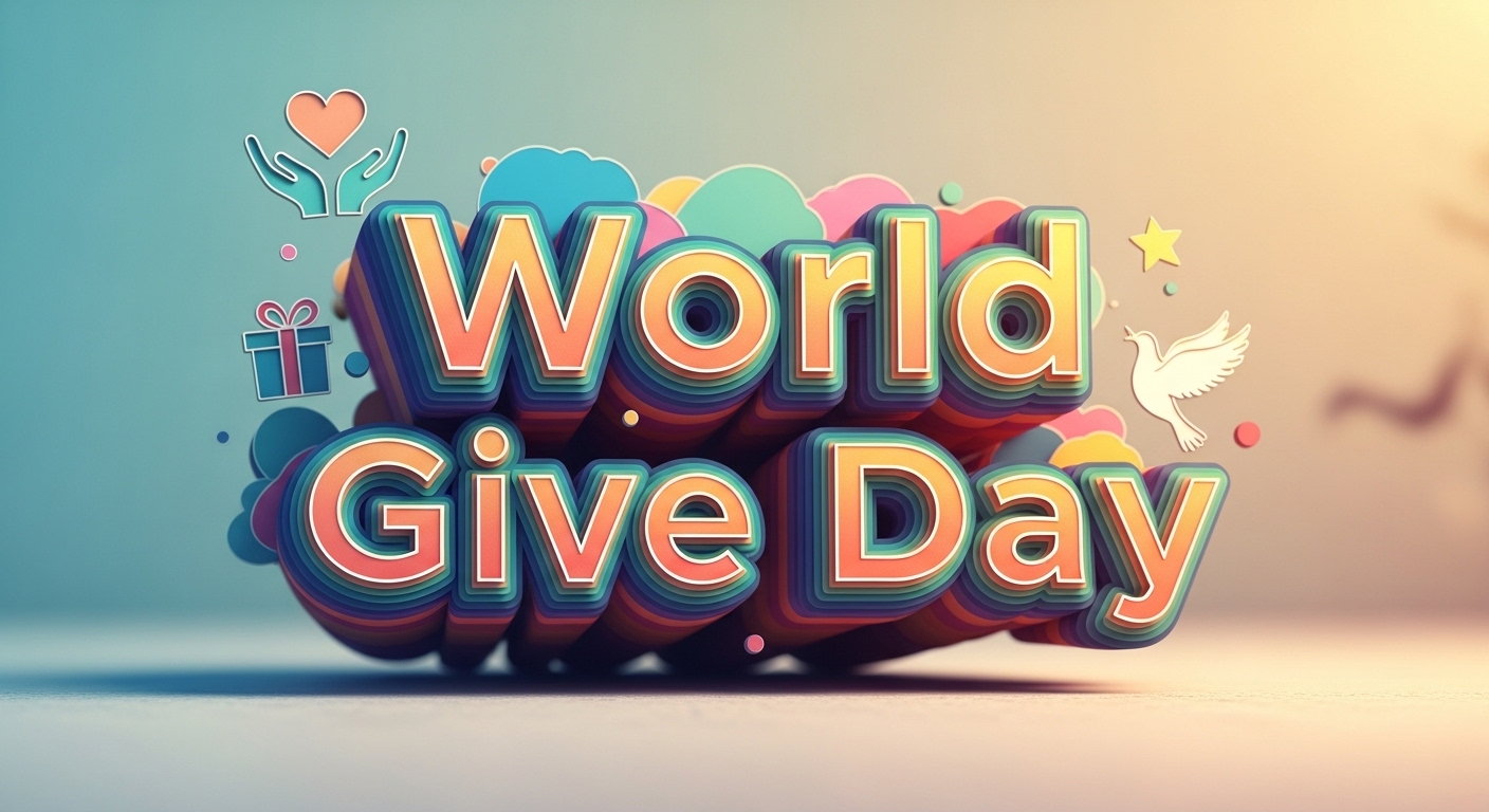 World Give Day colorful typography with charity symbols and a positive atmosphere - Feature Image May 225