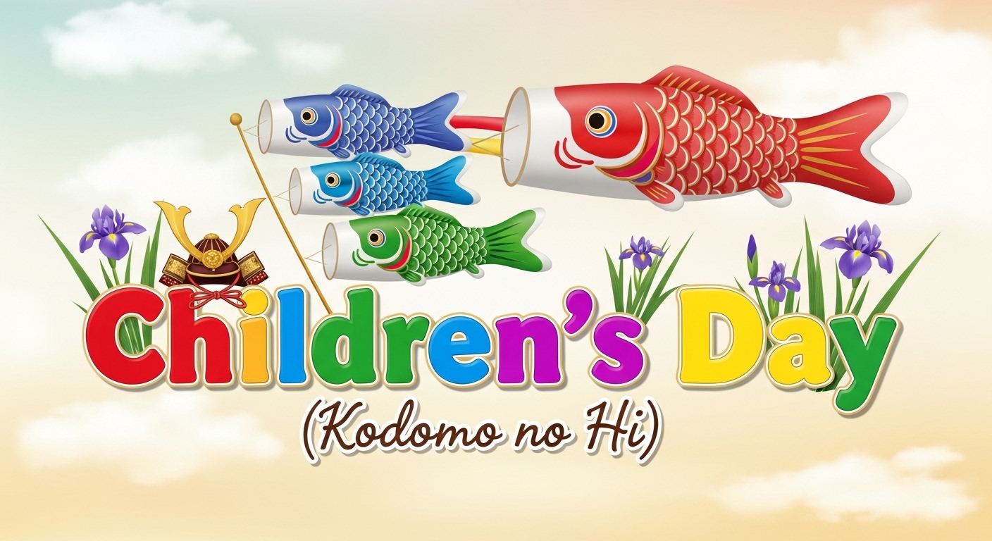 Kodomo no Hi: Children's Day Japan. Festive Koinobori Carp Streamers, Samurai Helmet & Iris Flowers - Feature Image May 234
