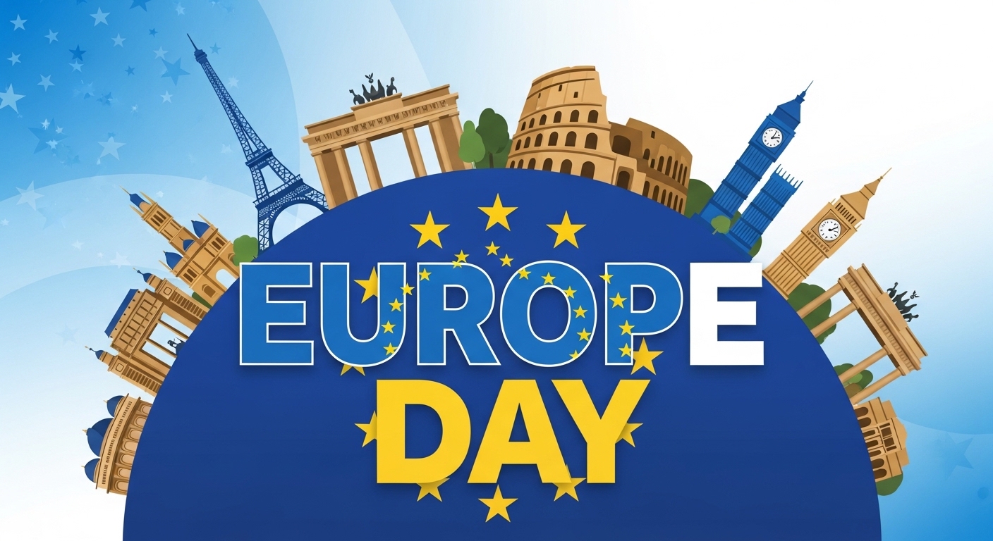 Europe Day Celebration with Iconic European Landmarks Illustration - Feature Image May 236