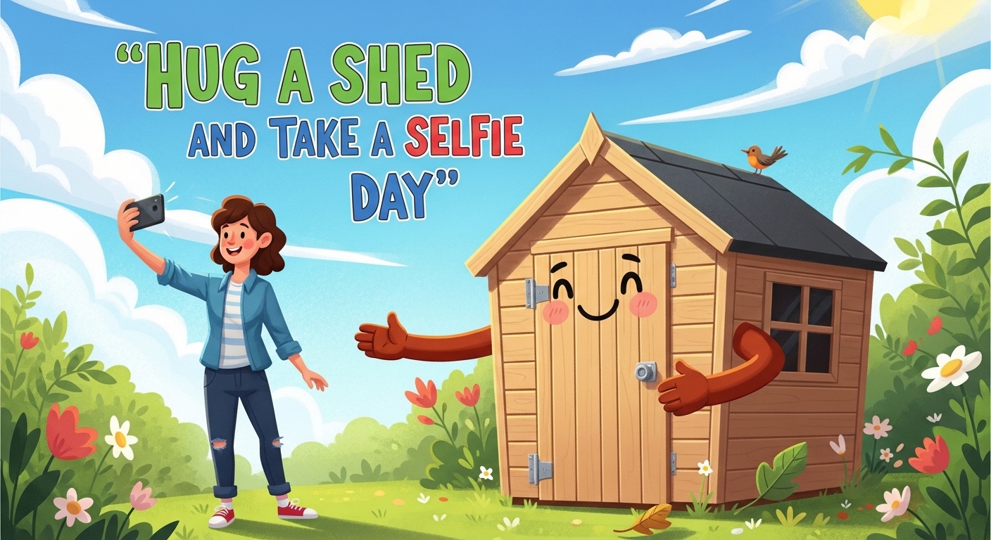 Cheerful Woman Taking Selfie with Personified Garden Shed on Sunny 'Hug a Shed' Day Illustration - Feature Image May 237