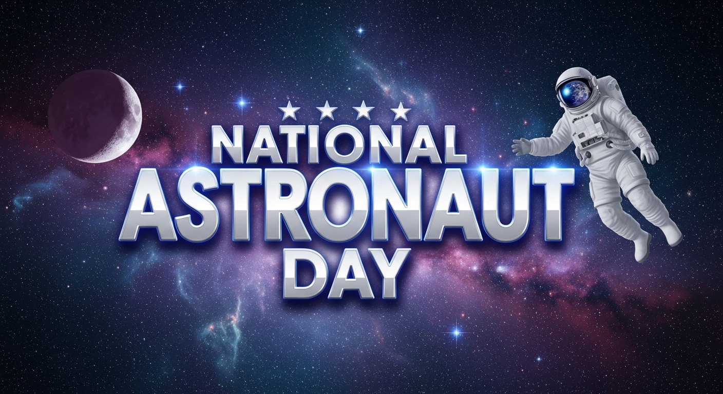 National Astronaut Day in Space with Floating Spaceman, Crescent Moon & Stars - Feature Image May 243