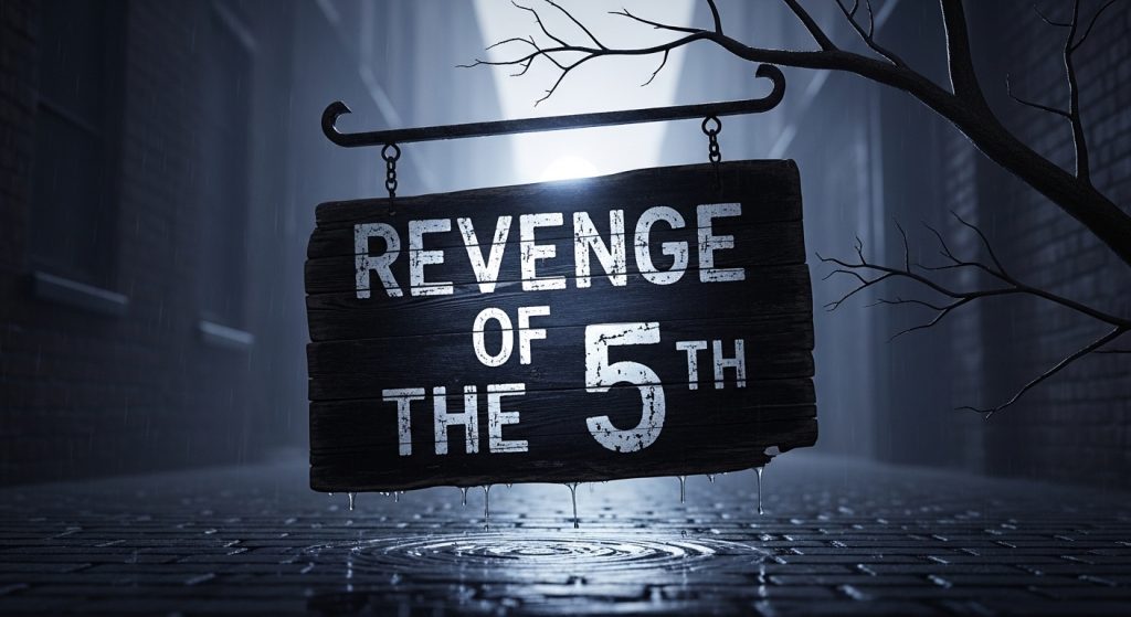 Grungy 'Revenge of the 5th' Sign in Dark Rain. Moody Urban Scene, Wet Street Texture. - Feature Image May 250