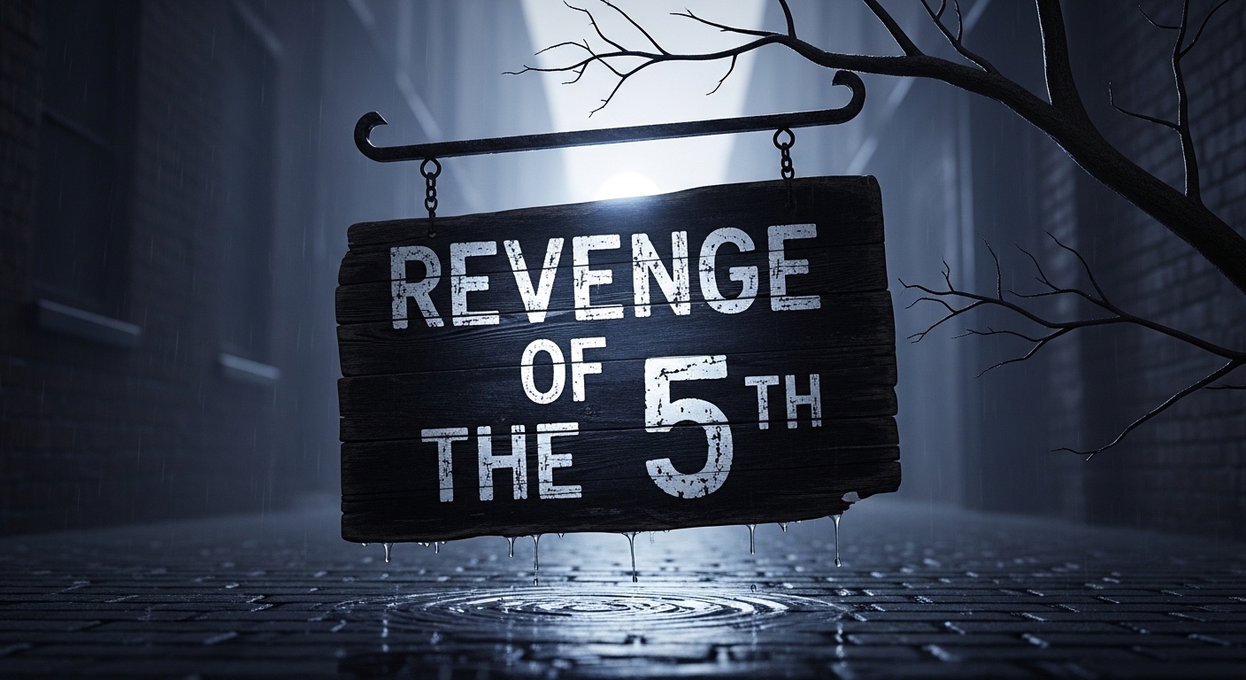 Grungy 'Revenge of the 5th' Sign in Dark Rain. Moody Urban Scene, Wet Street Texture. - Feature Image May 250