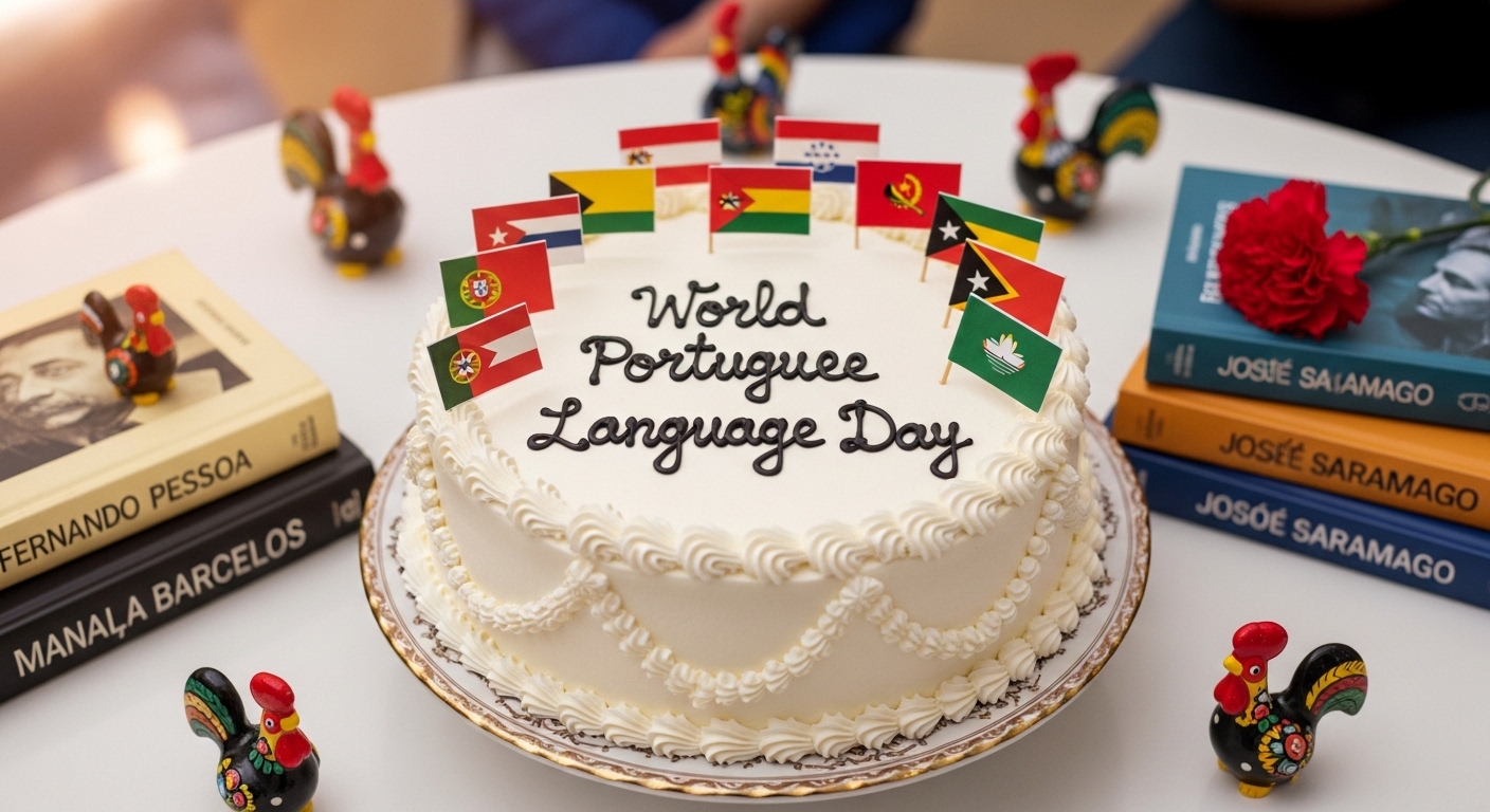 World Portuguese Language Day Celebration. Cake with Lusophone Flags, Cultural Books, and Barcelos Roosters. - Feature Image May 255