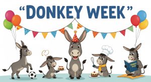 Donkey Week Celebration: Cartoon Donkeys with Party Hats, Balloons, Cake, and Reading Fun - Feature Image May 256