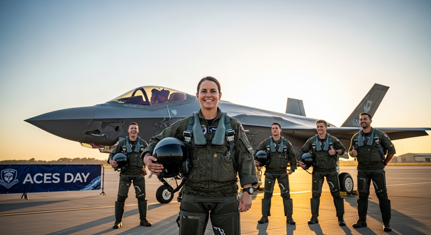Female Pilot & Aircrew with Modern Fighter Jet on Runway at Sunset - Feature Image May 257