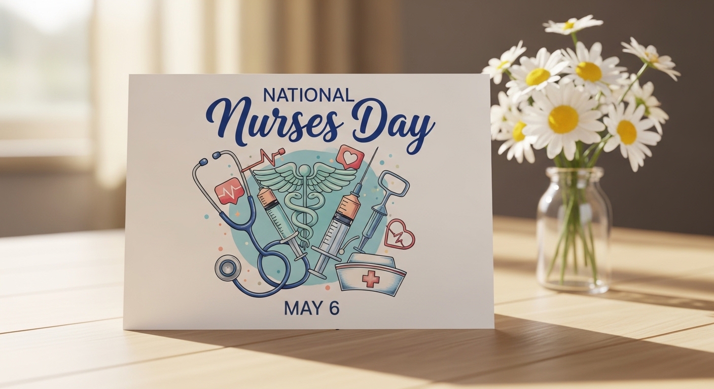 National Nurses Day May 6 Greeting Card with Medical Symbols & Daisies for Healthcare Appreciation - Feature Image May 264