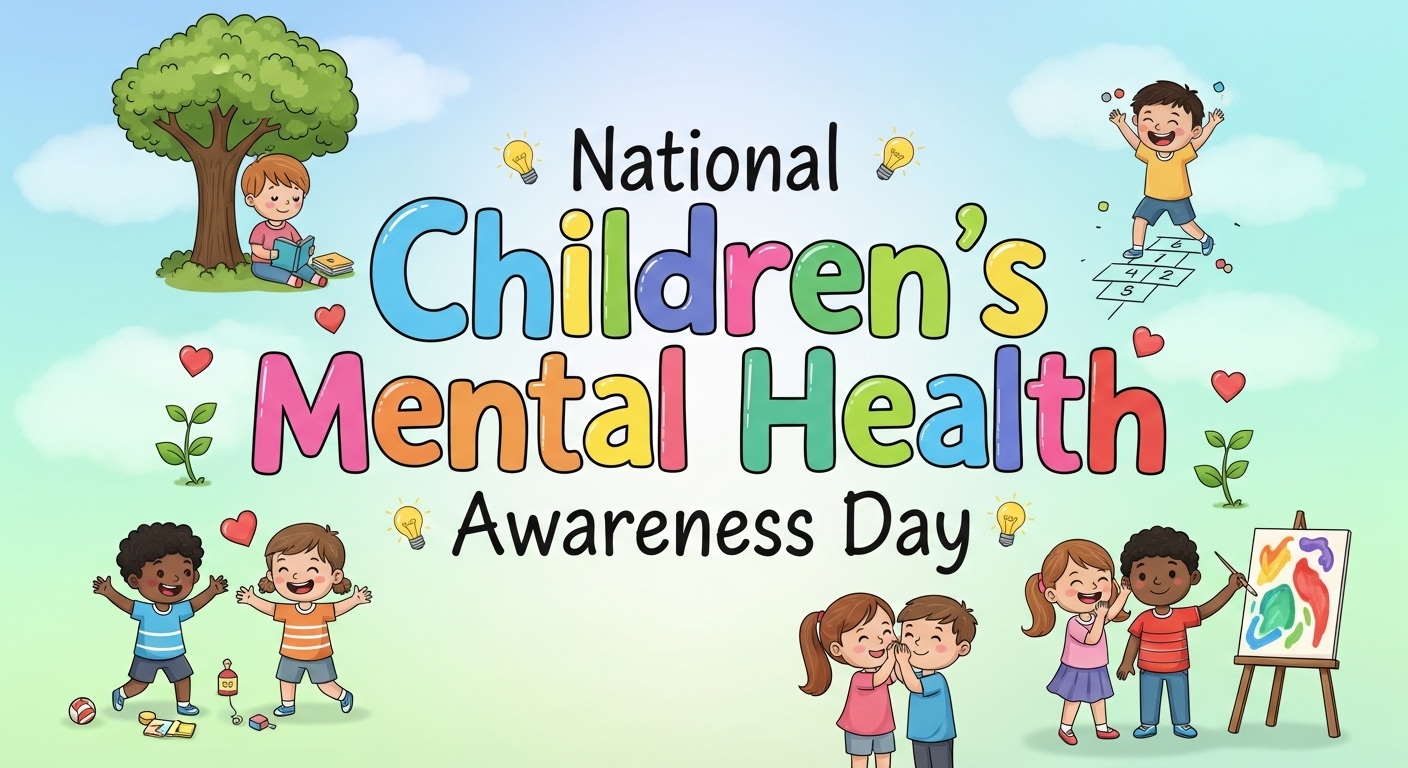 National Children's Mental Health Awareness Day Illustration with Diverse, Happy Kids Playing - Feature Image May 276