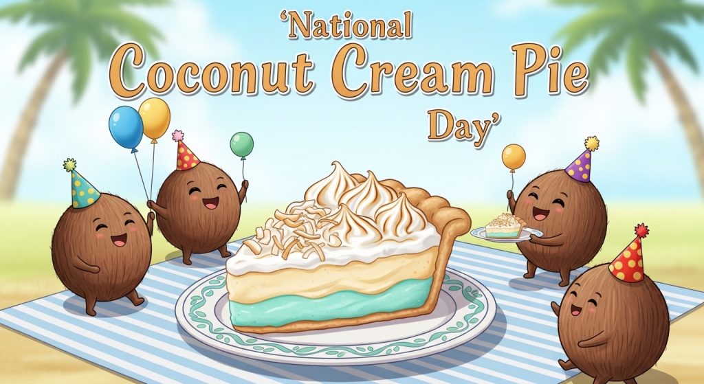 National Coconut Cream Pie Day Celebration with Happy Cartoon Coconuts and Dessert - Feature Image May 290