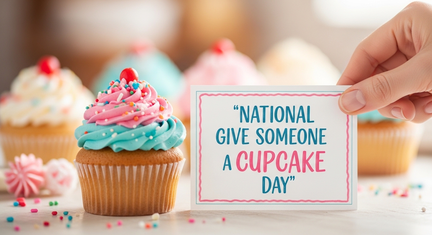Hand Holds 'Give Someone a Cupcake Day' Card Near Festive Frosted Cupcakes - Feature Image May 291