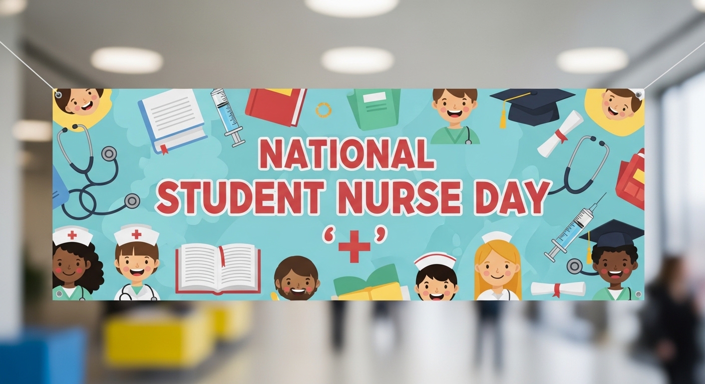 National Student Nurse Day Banner. Diverse cartoon student nurses and medical education items. - Feature Image May 296