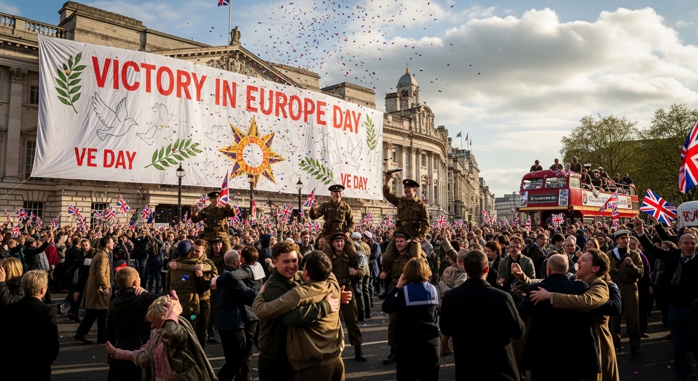 VE Day Street Celebration: Joyful Crowds, Soldiers, Union Jack Flags & Confetti - Feature Image May 299