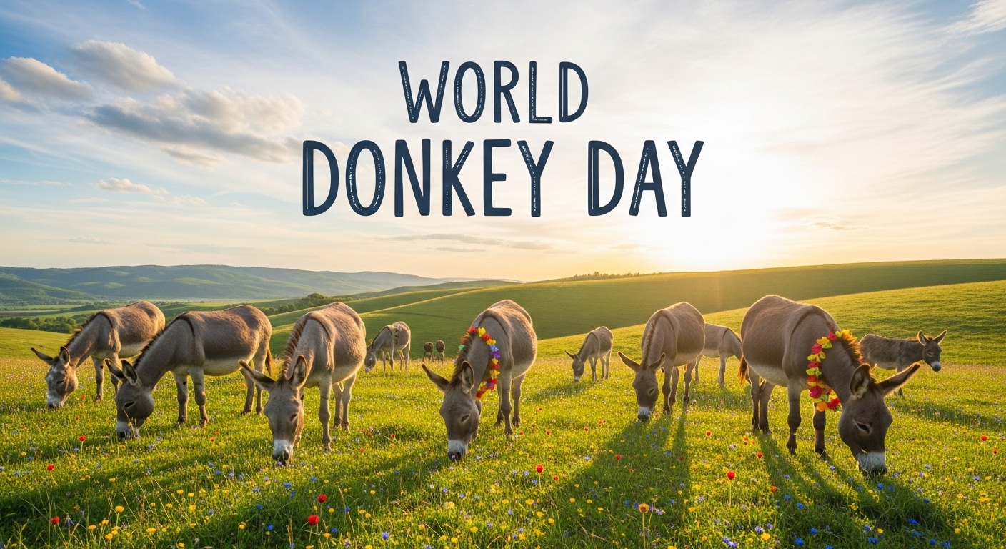 World Donkey Day Celebration: Donkeys Grazing in a Golden Meadow with Floral Garlands at Sunset - Feature Image May 301