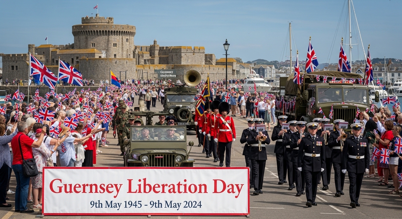 Guernsey Liberation Day Parade. Military vehicles, marching band, and crowd celebrating with British flags. - Feature Image May 313