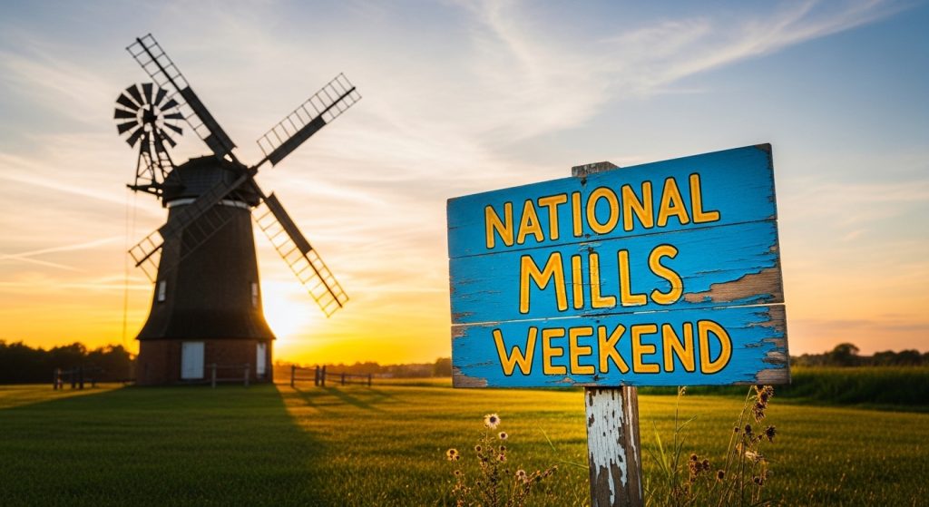 National Mills Weekend Sign with Traditional Windmill at Golden Sunset - Feature Image May 329