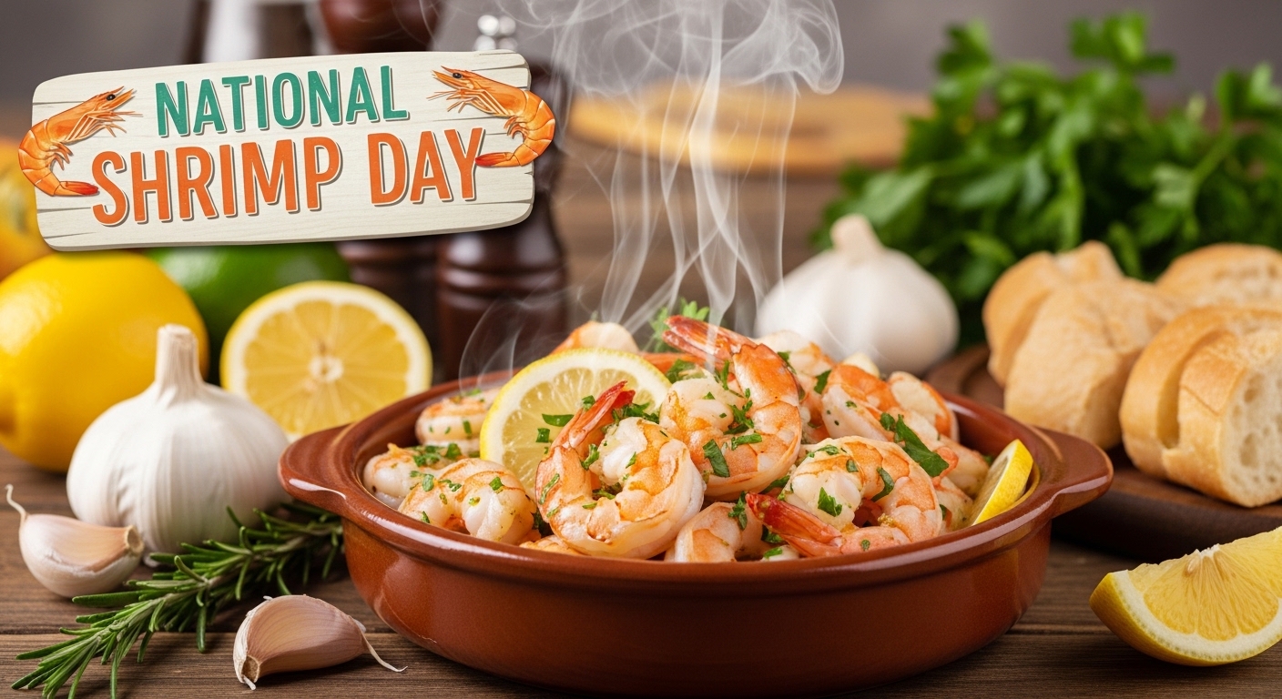 National Shrimp Day Festive Meal: Hot Garlic Shrimp, Fresh Lemon, Herbs on Rustic Wood - Feature Image May 340