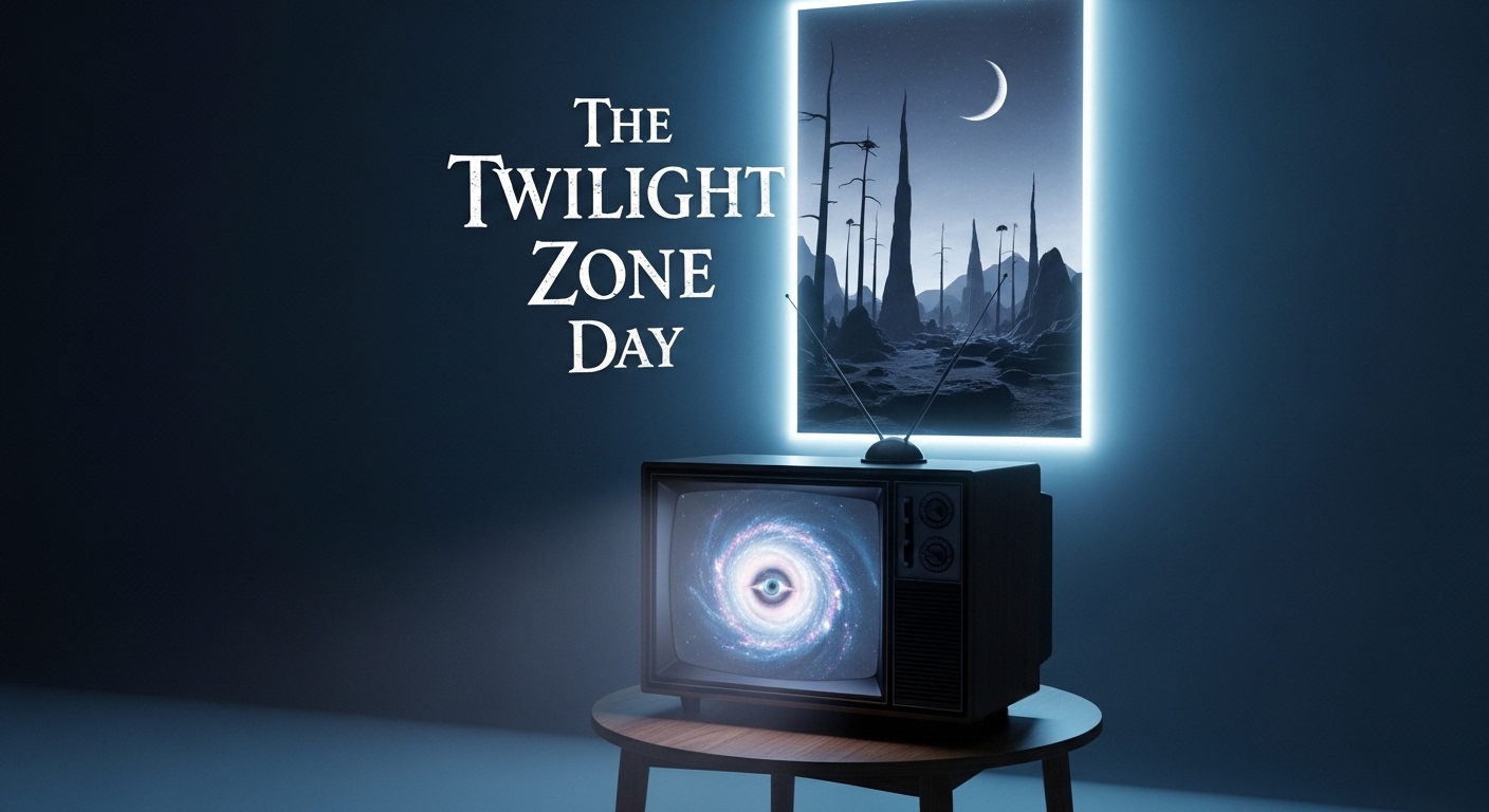 Twilight Zone Day Retro TV Sci-Fi Concept with Cosmic Eye and Surreal Alien Landscape - Feature Image May 354