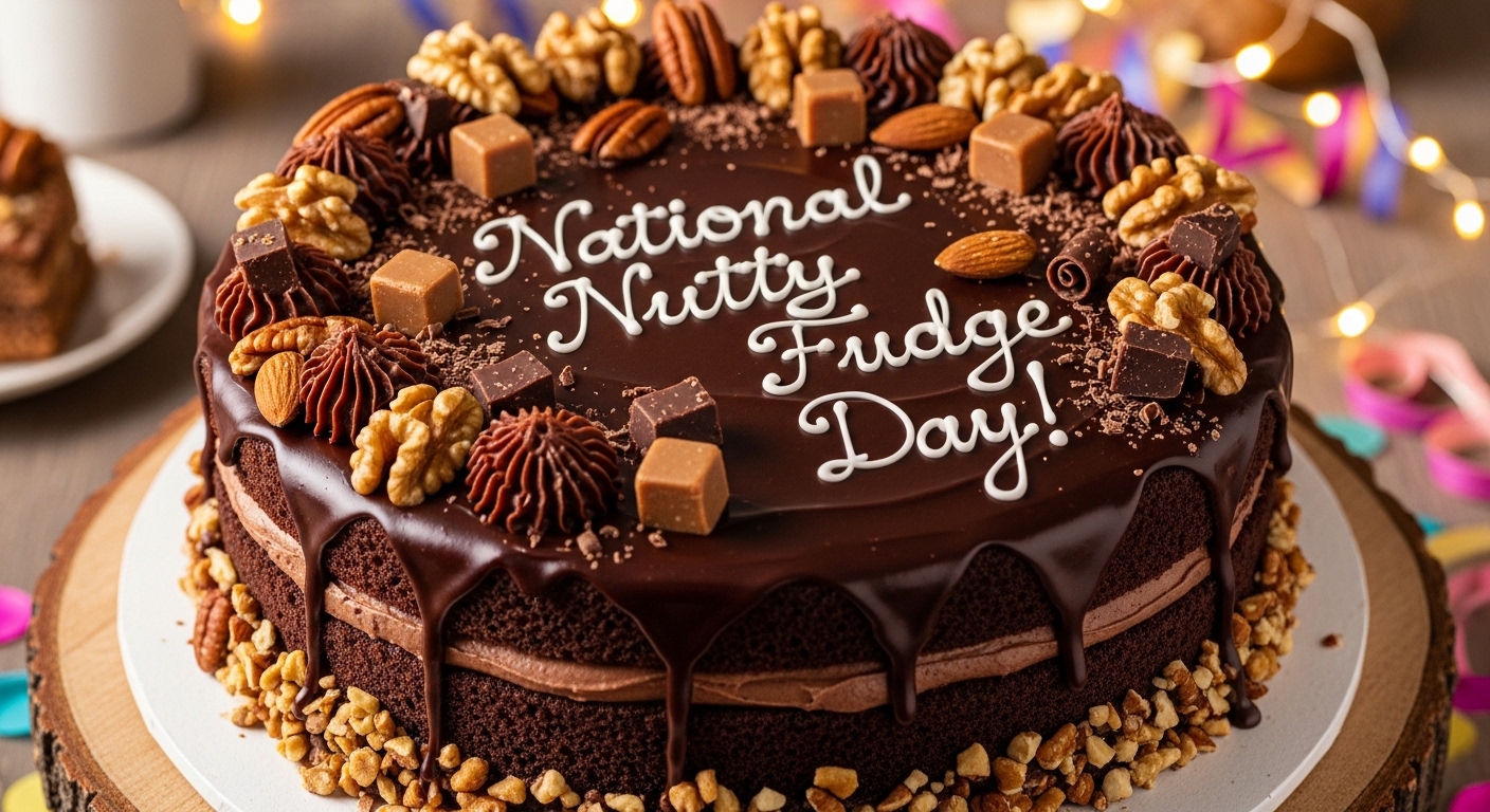 National Nutty Fudge Day Chocolate Cake Dessert with Nuts & Fudge Toppings - Feature Image May 372
