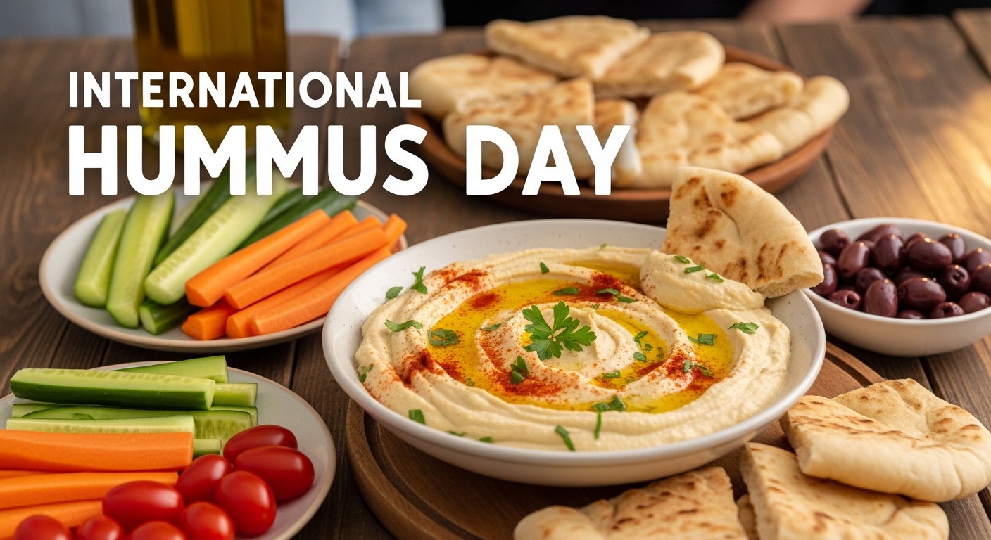 International Hummus Day Feast: Creamy Dip, Pita Bread, Fresh Veggies & Olives - Feature Image May 380