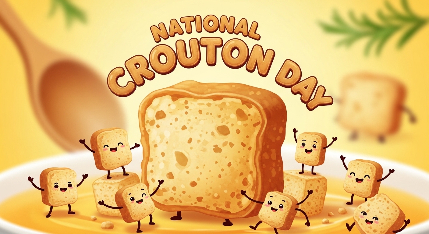National Crouton Day Illustration: Cheerful Toasted Bread Characters in Soup - Feature Image May 382