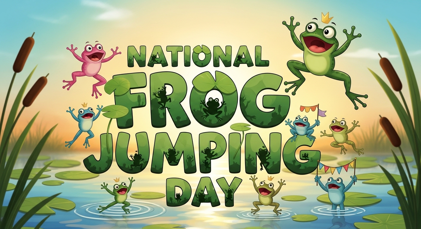 Cheerful Cartoon Frogs Jump & Celebrate National Frog Jumping Day in Pond Setting - Feature Image May 383