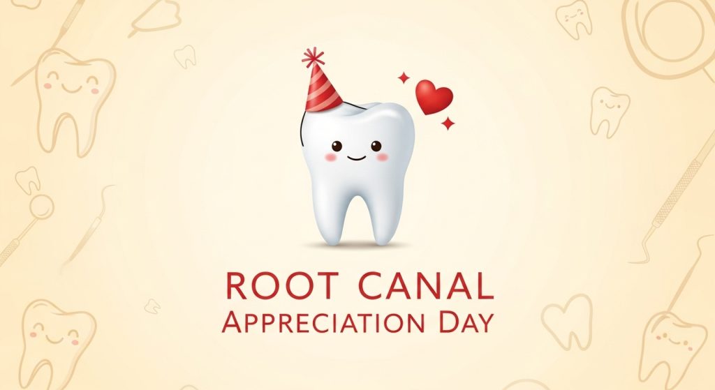 Smiling Tooth Character with Party Hat for Root Canal Appreciation Day Celebration - Feature Image May 387