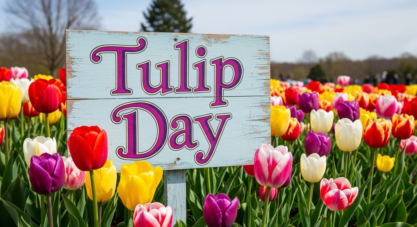 Spring Blossom: 'Tulip Day' Sign Amidst a Field of Diverse Tulips - Feature Image May 388