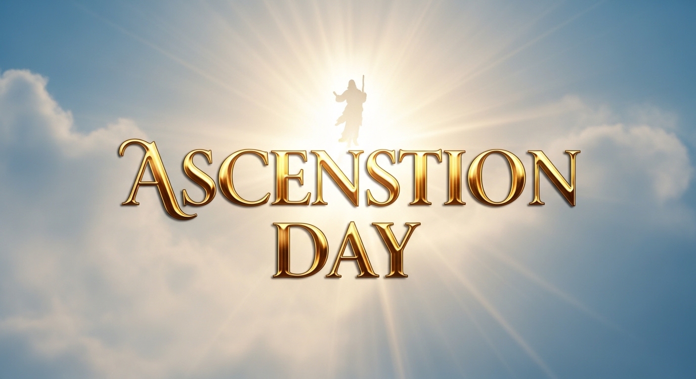 Ascension Day Golden Text, Ascending Figure, Radiant Sky - Feature Image May 391