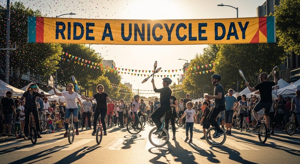 Unicycle Day Celebration with Confetti and Jugglers at Outdoor Festival - Feature Image May 442