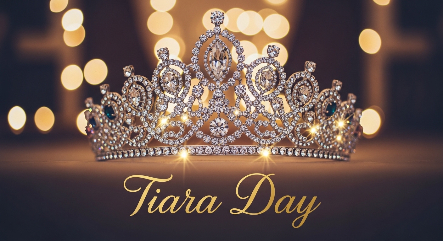 Elegant Jeweled Tiara on Tiara Day with Sparkling Gems and Bokeh Background Lights - Feature Image May 573