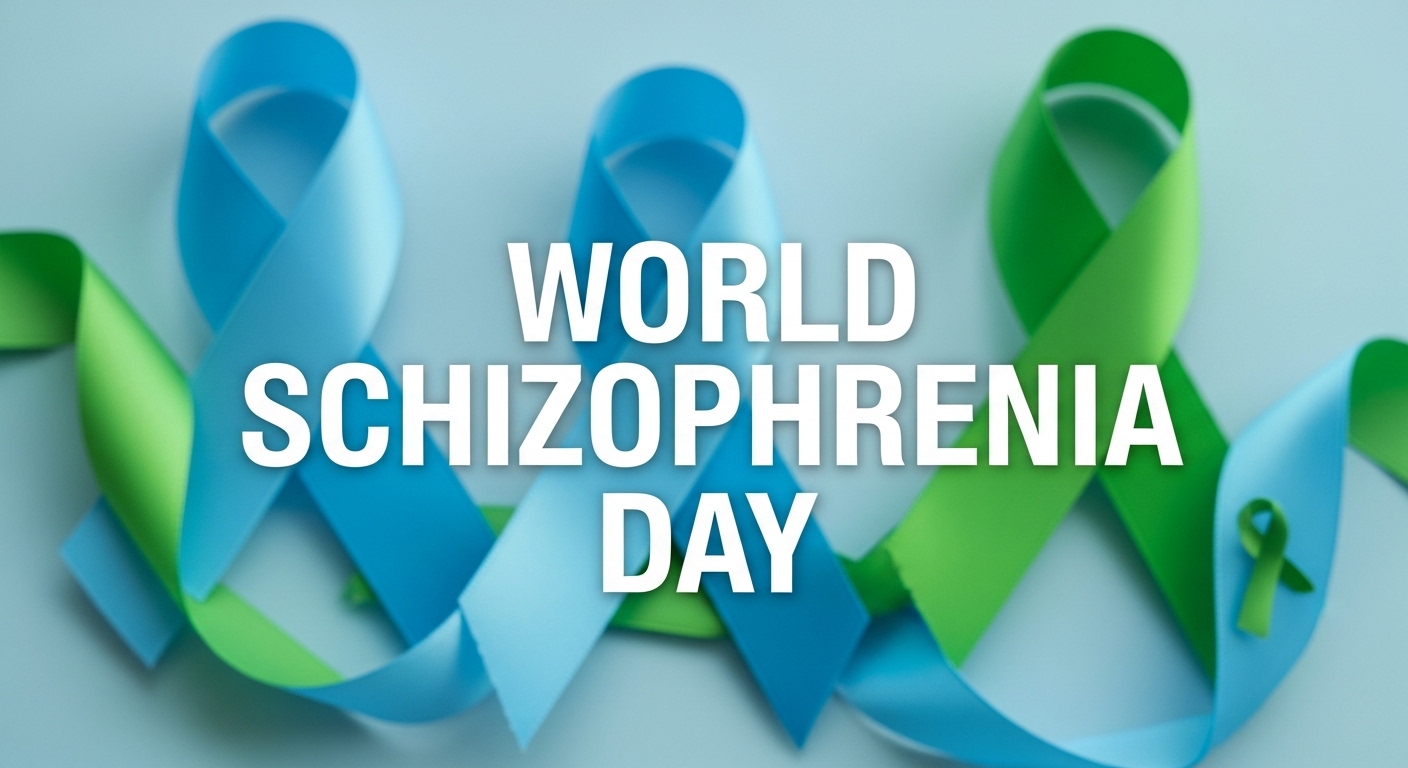 World Schizophrenia Day. Mental Health Awareness & Support with Blue Green Ribbons. - Feature Image May 575