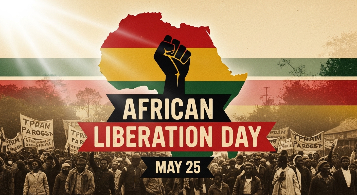 African Liberation Day May 25 Banner with Pan-African Map, Raised Fist & Protesting Crowd - Feature Image May 576