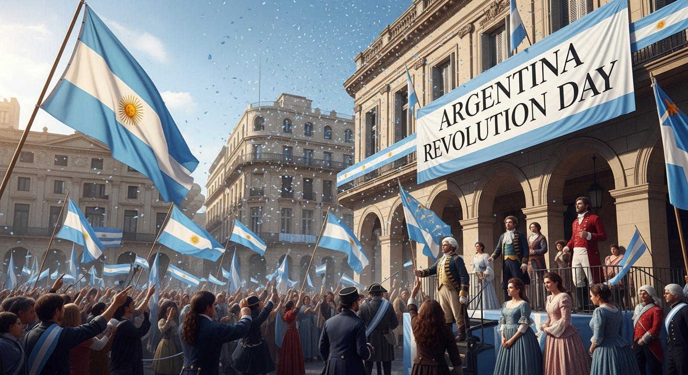 Argentina Revolution Day Public Celebration: Patriotic Crowd, National Flags, Confetti - Feature Image May 577