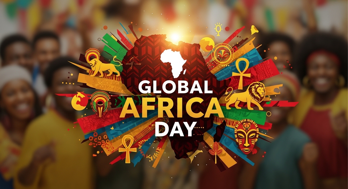 Dynamic Global Africa Day illustration with African continent, symbols, and diverse faces - Feature Image May 579