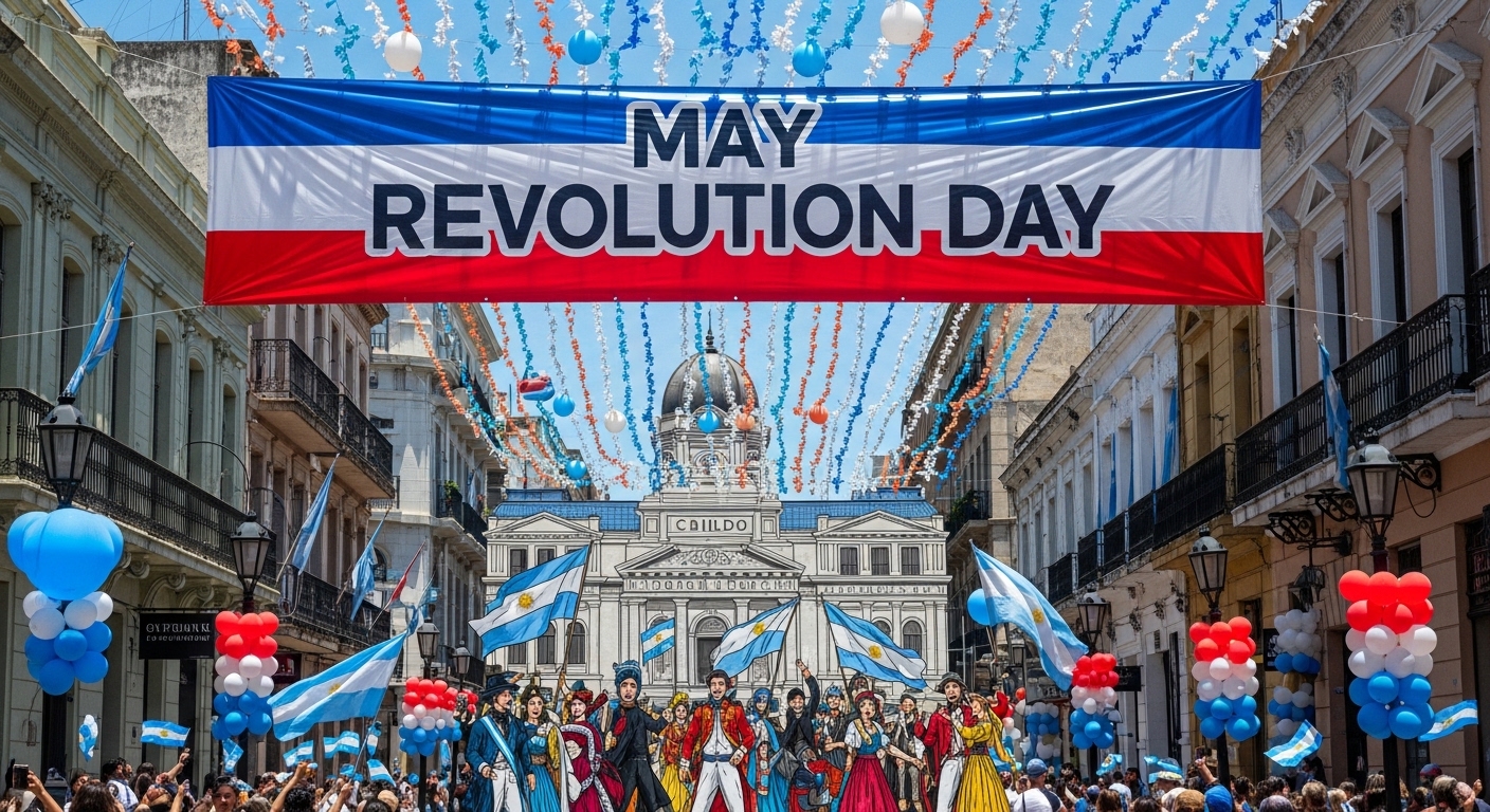 May Revolution Day Celebration in Buenos Aires with Cabildo, flags, and festive crowds. - Feature Image May 582
