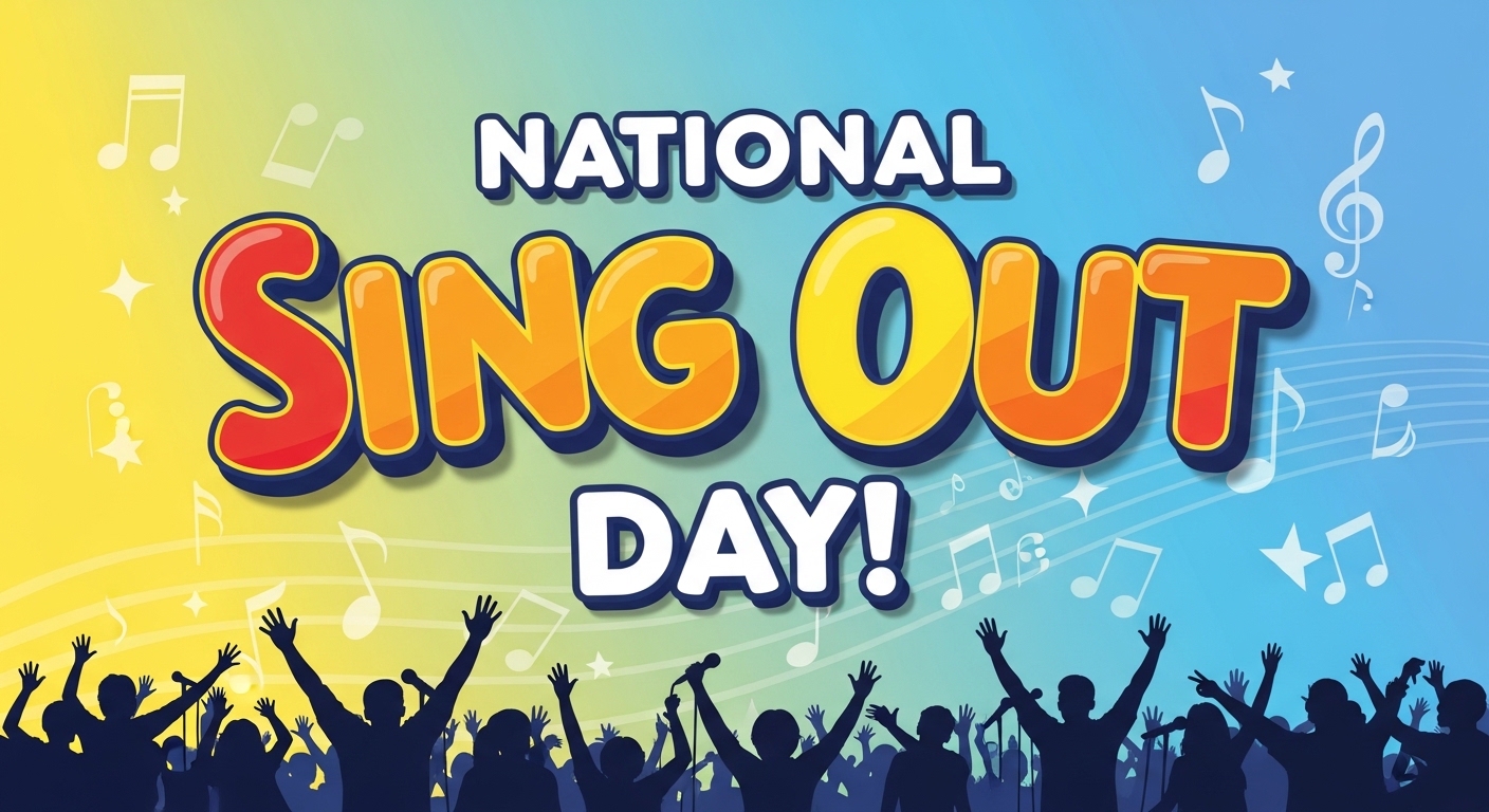 National Sing Out Day Banner. Music Celebration with Singing Crowd Silhouettes and Festive Notes. - Feature Image May 586