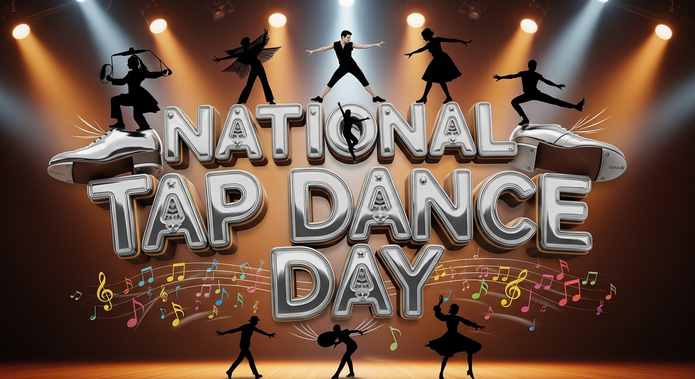 National Tap Dance Day Celebration with Dancers, Shiny Shoes, and Musical Notes on Stage - Feature Image May 587
