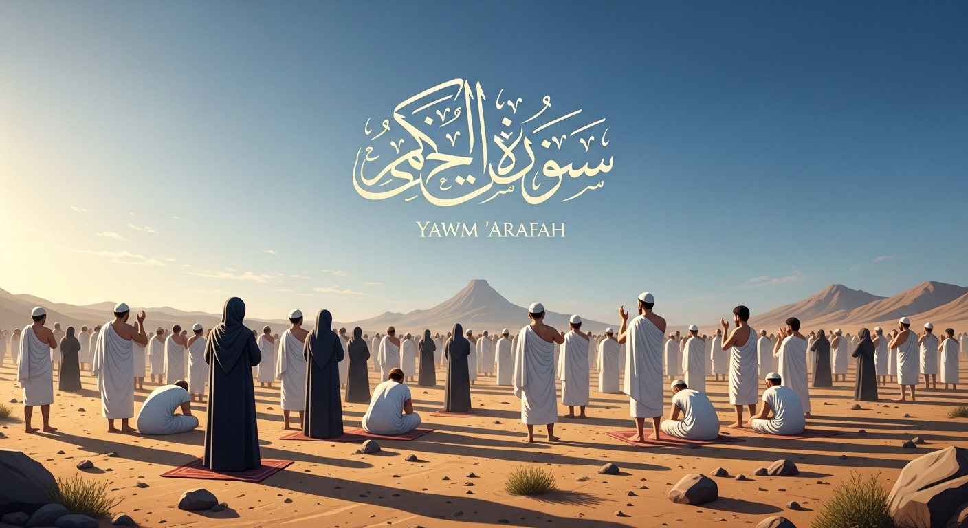 Muslim Pilgrims Observing Yawm Arafah in Desert Landscape with Arabic Calligraphy - Feature Image May 598
