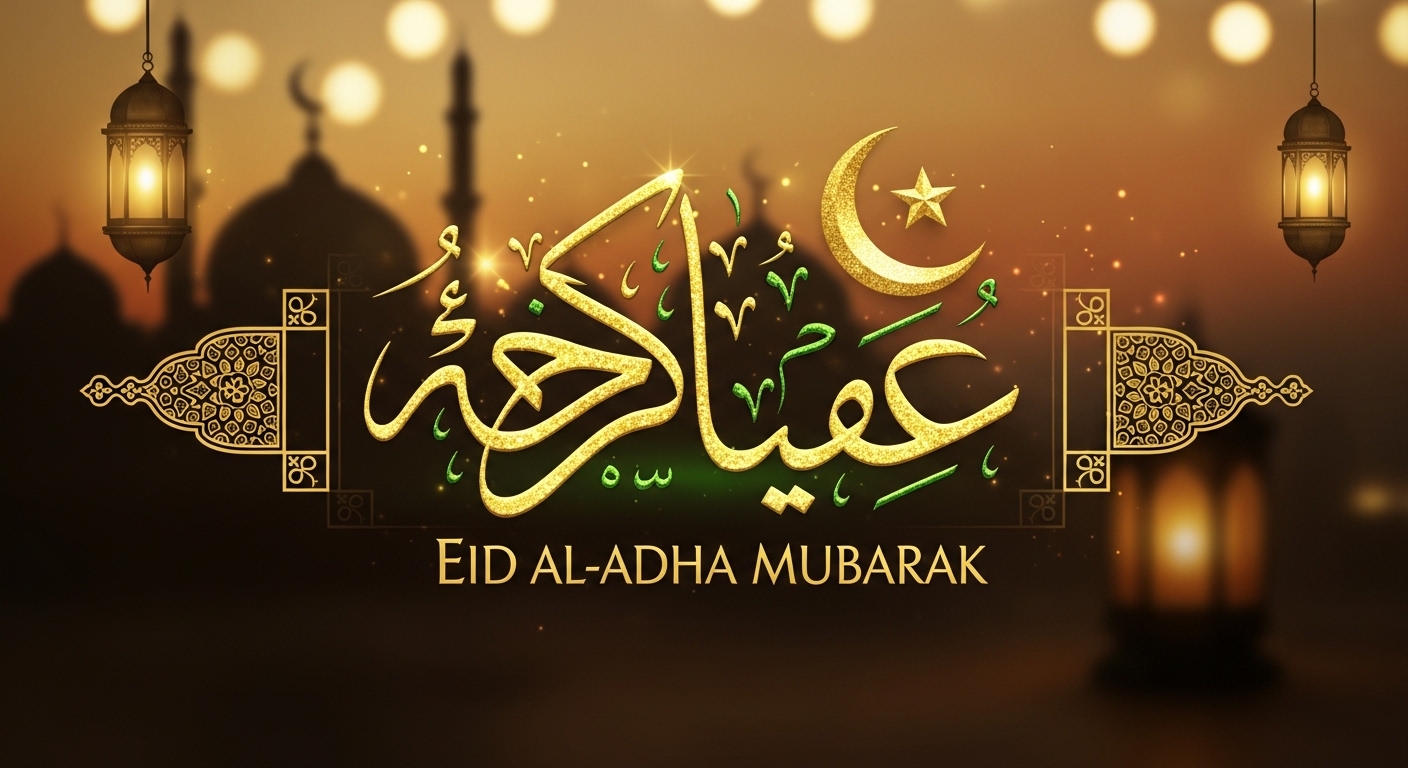 Golden Eid Al-Adha Mubarak Calligraphy, Mosque Silhouette Background, Festive Lanterns, Crescent & Star - Feature Image May 599