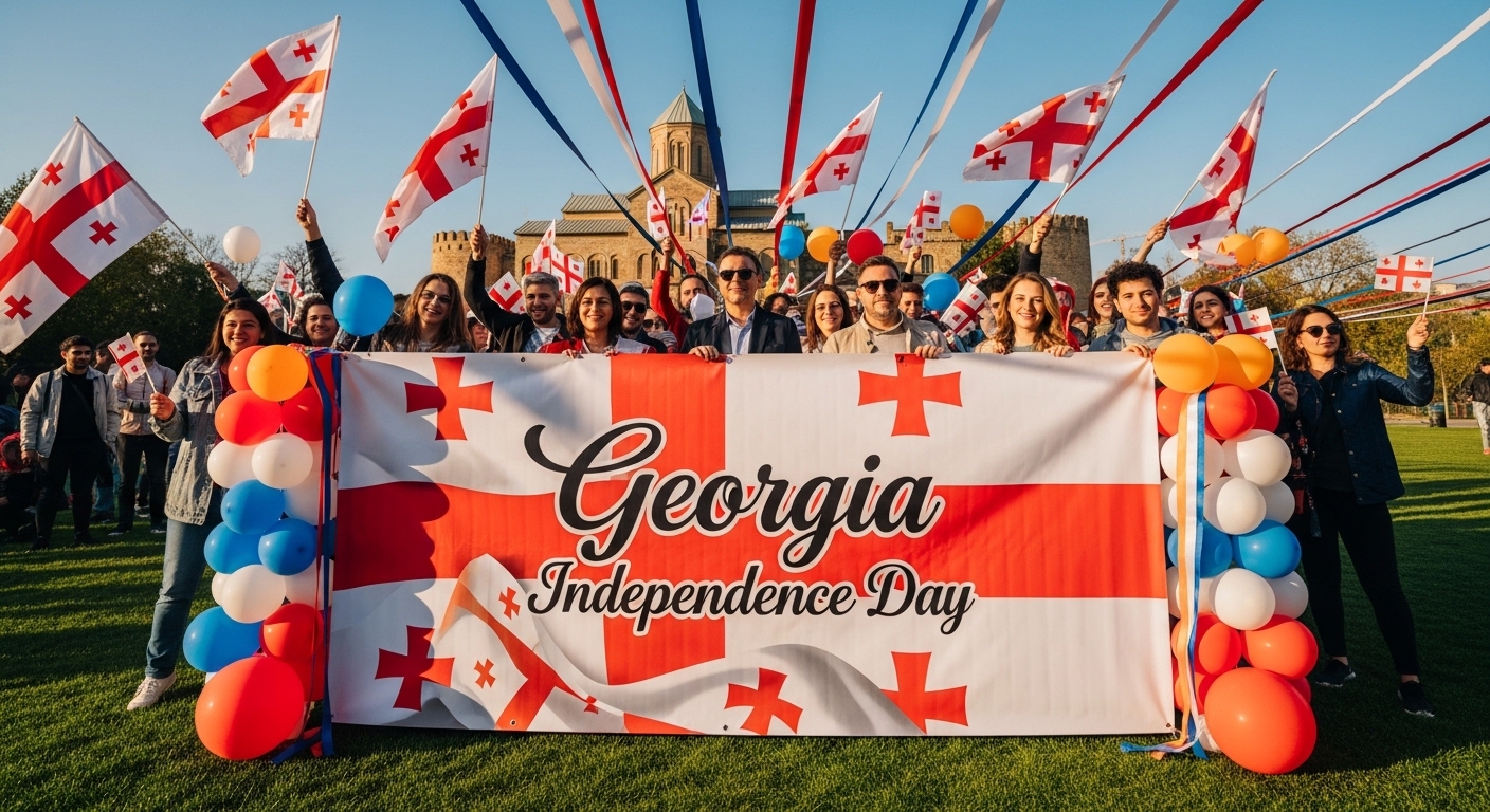 Georgia Independence Day Celebration: Patriotic Crowd with National Flags and Banner - Feature Image May 600