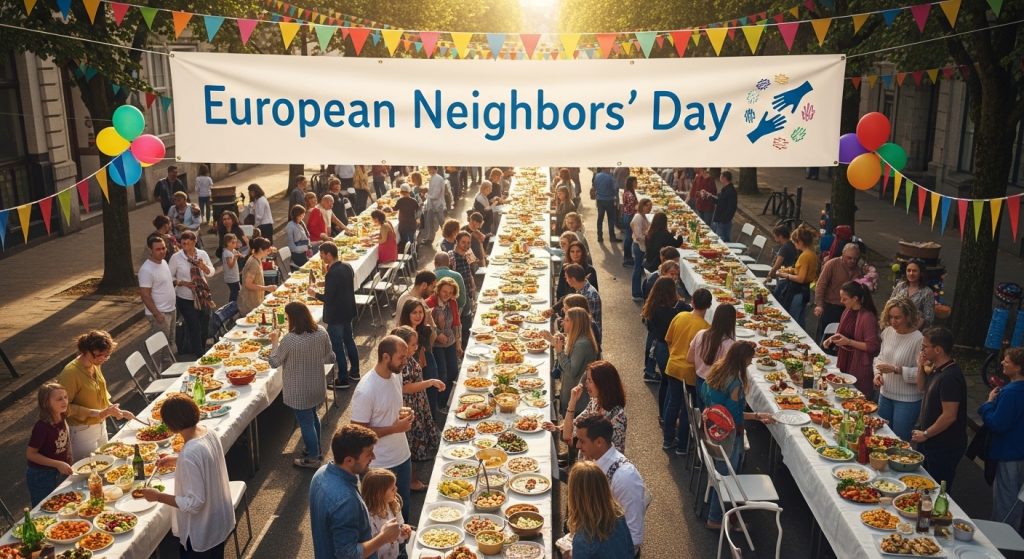 European Neighbors' Day Outdoor Feast: Diverse Community Enjoying a Shared Meal & Festivities - Feature Image May 635